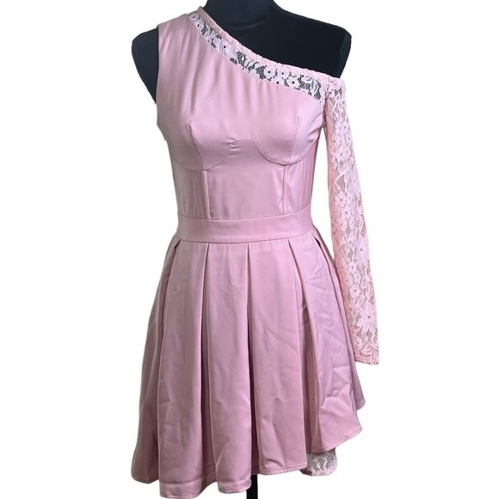 NWT Egreis Dress Womens S Pink Off Shoulder Pleated Lace Asymmetrical Hem Mini